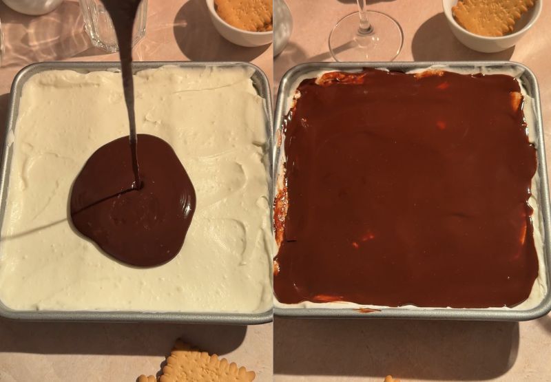 Step-by-step photos showing chocolate glaze being poured over the cake and spread into a glossy top layer.