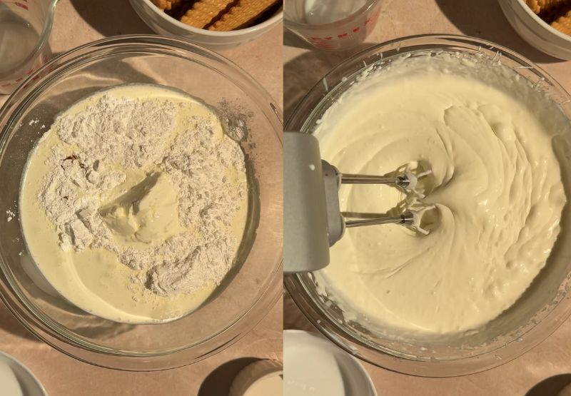 Step-by-step photos showing ingredients in a glass bowl being beaten with an electric hand mixer to whip up the creamy filling.
