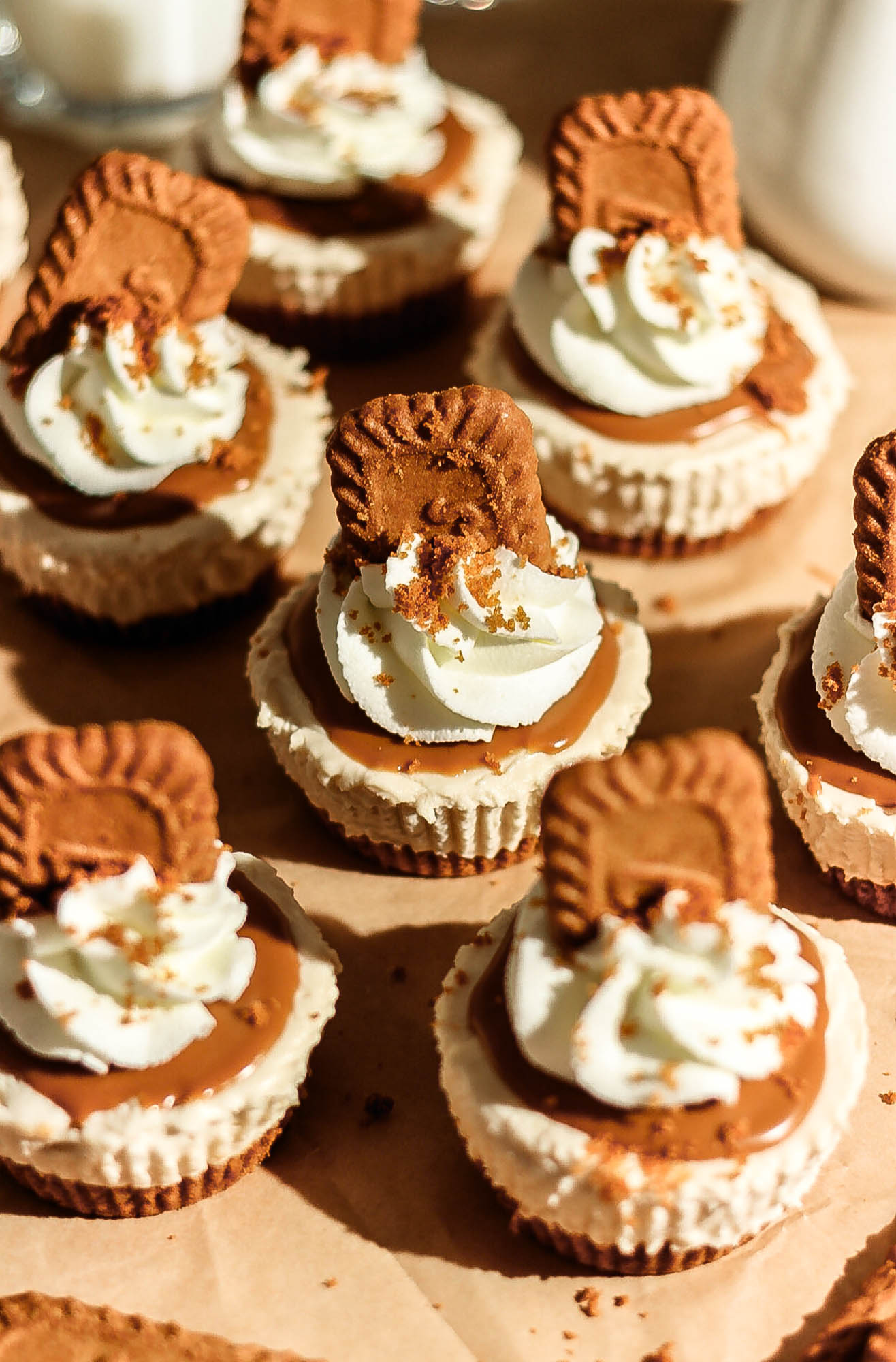 A top-down grid view of several mini no-bake Biscoff cheesecakes neatly displayed on brown baking paper.