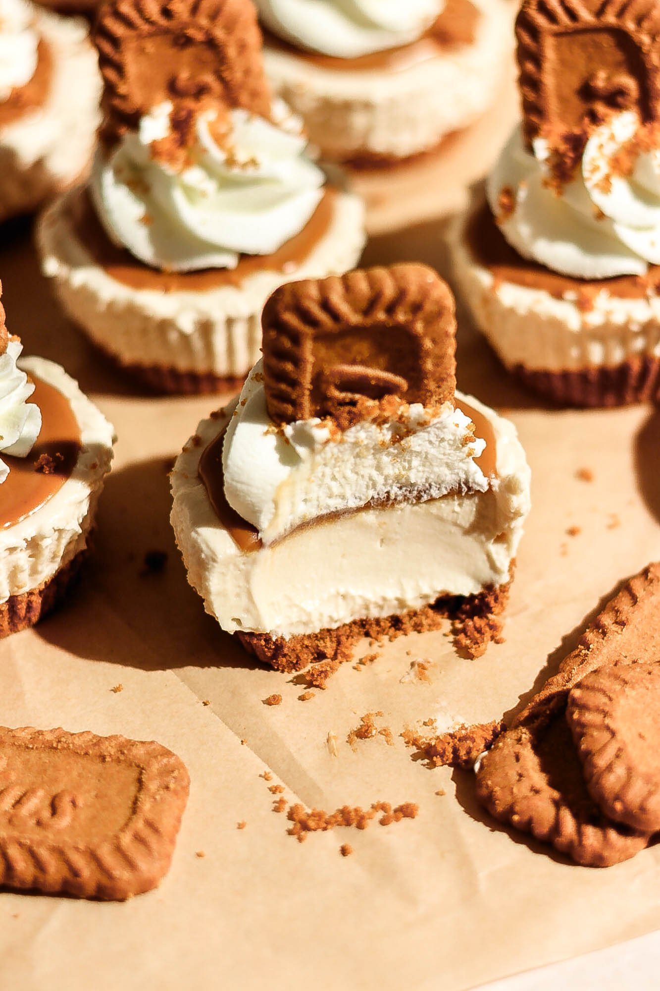An overhead shot of a mini Biscoff cheesecake with a bite-sized piece removed, surrounded by whole Biscoff biscuits on parchment paper.