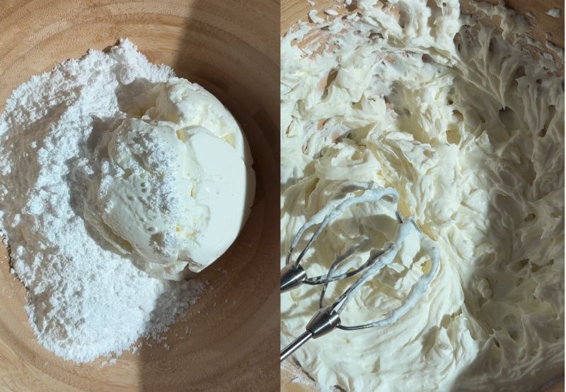 Side-by-side process shot showing powdered sugar and softened cream cheese in a mixing bowl on the left, and beaten together until smooth using an electric hand mixer on the right.