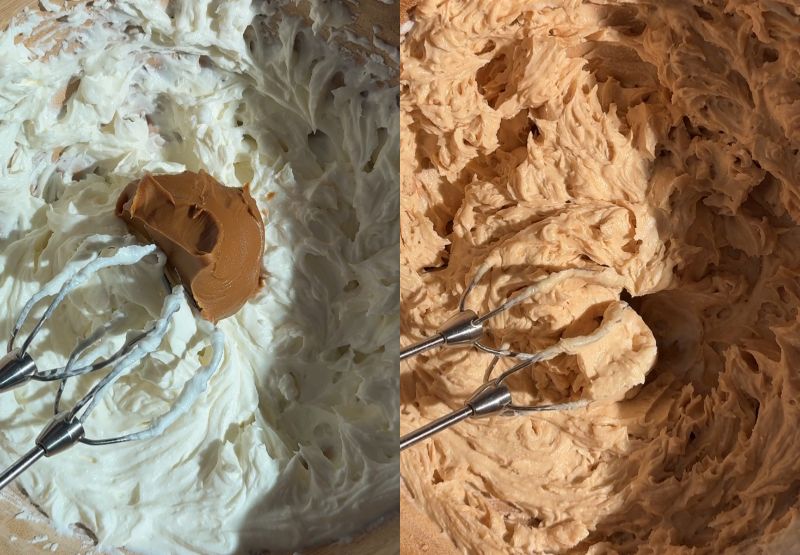 Side-by-side process shot showing a scoop of Biscoff cookie butter added to the cream cheese mixture on the left, and whipped thoroughly until fully combined on the right.