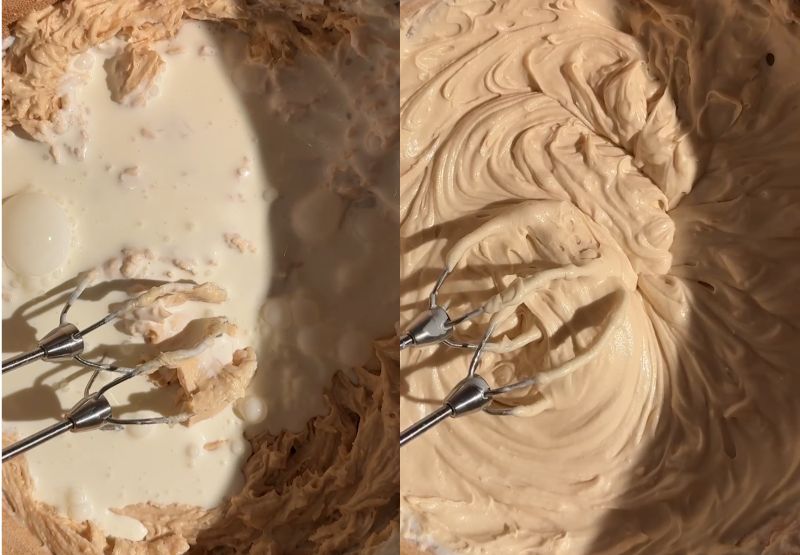 Side-by-side process shot showing heavy whipping cream poured into the Biscoff mixture on the left, and whipped into a light, thick cheesecake filling on the right.