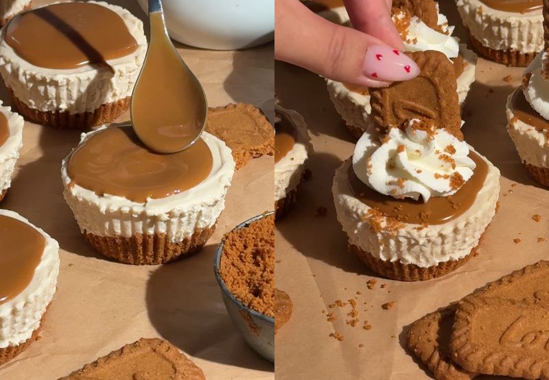 Side-by-side process shot showing melted Biscoff cookie butter spread over a mini cheesecake with a spoon on the left, and topping the whipped cream with a whole Biscoff cookie on the right.
