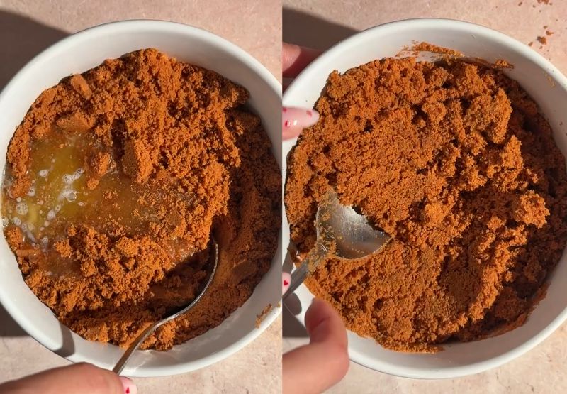 Side-by-side process shot showing melted butter poured over finely crushed Biscoff cookie crumbs in a white bowl on the left, and stirring them together with a spoon on the right.