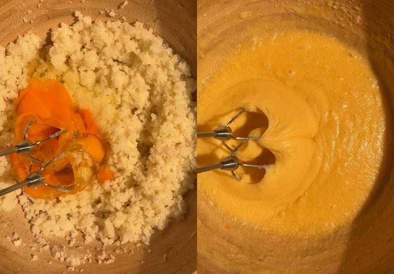 Adding whole eggs to the mixture and beating them into a smooth, pale batter.