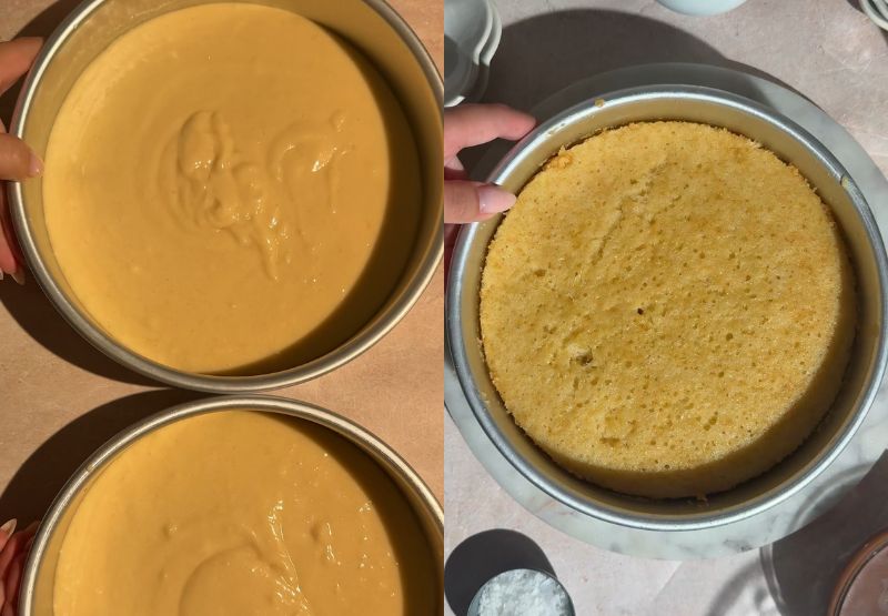 Pouring the prepared batter into round baking pans and showing a freshly baked cake layer.