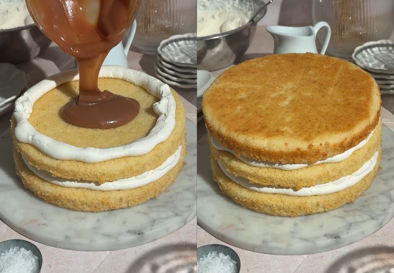 Pouring salted caramel onto the cake layers and displaying the assembled cake stack.