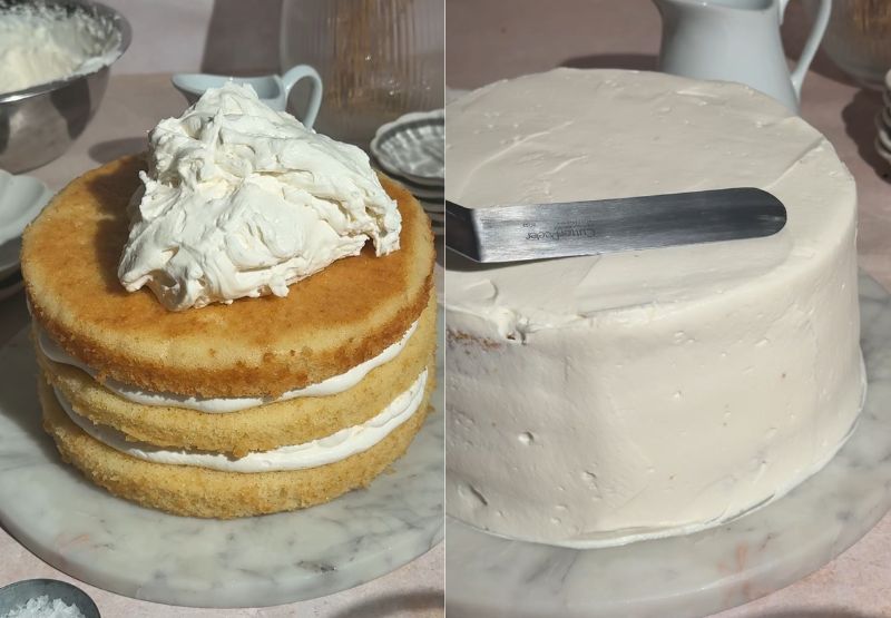 Adding frosting to the top of the cake and smoothing it out with an offset spatula.