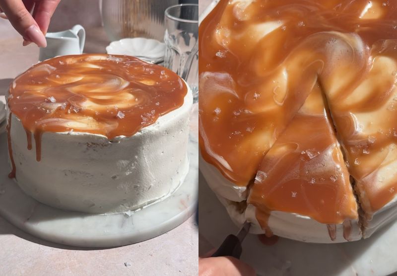 Sprinkling coarse sea salt over the caramel glaze and slicing into the finished cake.