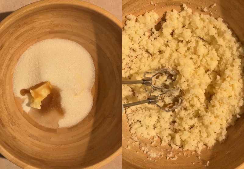 Combining butter, sugar, and ingredients in a bowl before mixing with an electric mixer.